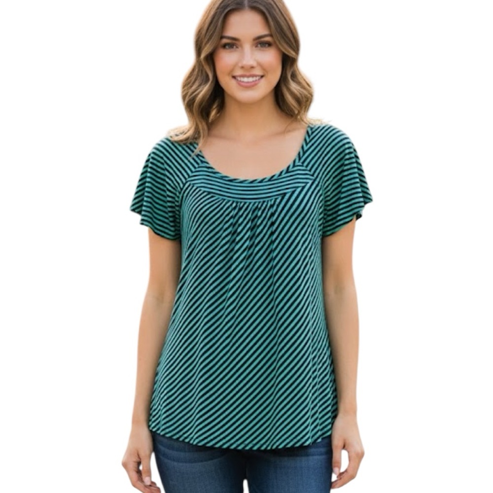 Michael Kors Blue Navy/turquoise Stripe Top Shirt Flutter Sleeves size small